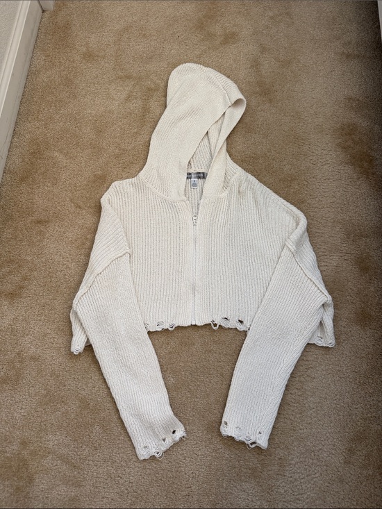 Urban Outfitters Sweaters - Urban Outfitters Cream Cropped Hooded Zip Cardigan